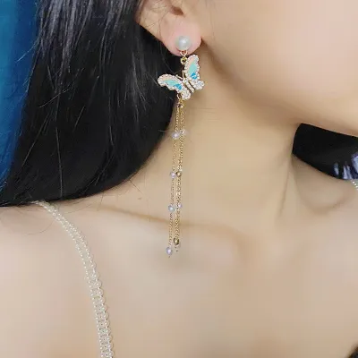 Rhinestone Pearl Butterfly Tassel Earrings